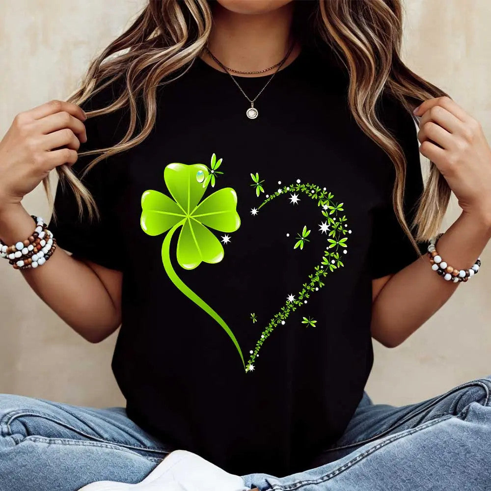 Crew Neck T Shirt Four Leaf Clover Heart Design St product image 1