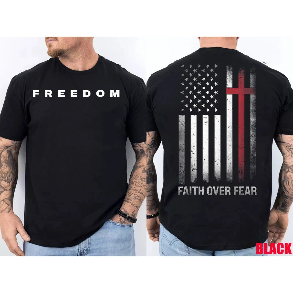 2-Sided Freedom Christian USA Flag Faith Over Fear T-Shirt product image 1